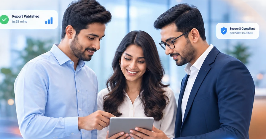 A fintech hiring team reviewing a candidate report on a tablet