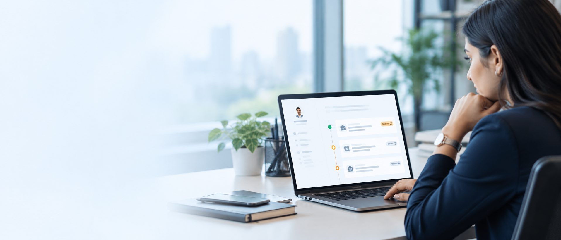 An HR manager reviewing an employee's record and re-check timeline on her laptop