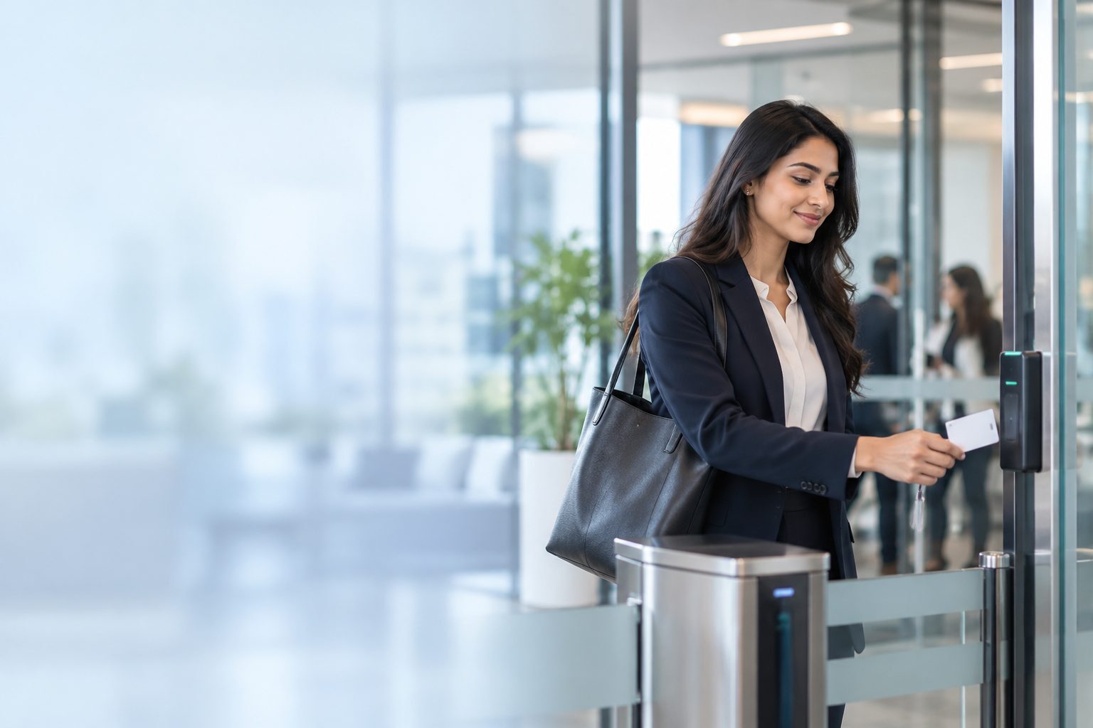 A newly hired corporate employee using her access card at an office entry gate