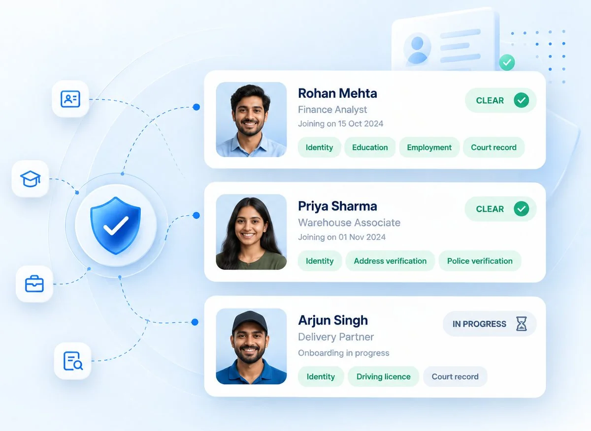 Three new hires on the Global Checks dashboard: a finance analyst and a warehouse associate cleared, and a delivery partner in progress, each with their own set of checks
